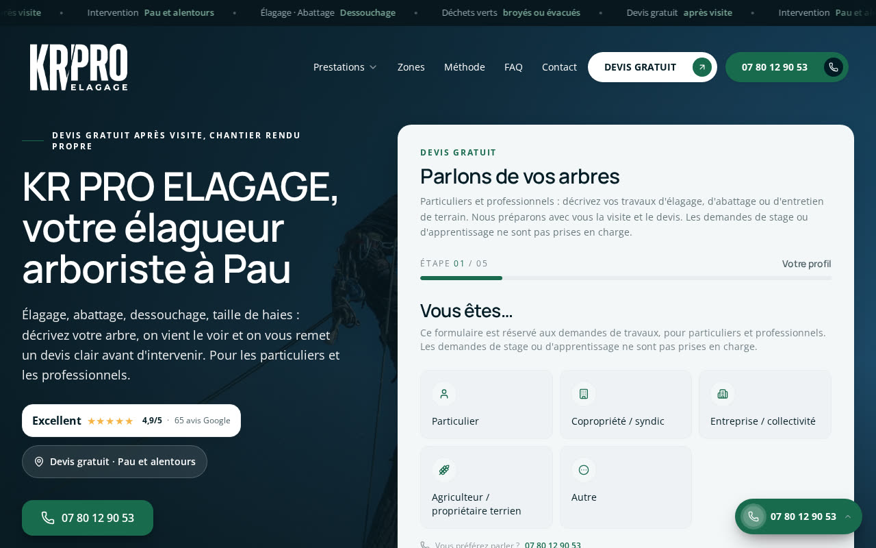 Page d'accueil du site de KR Pro Élagage
