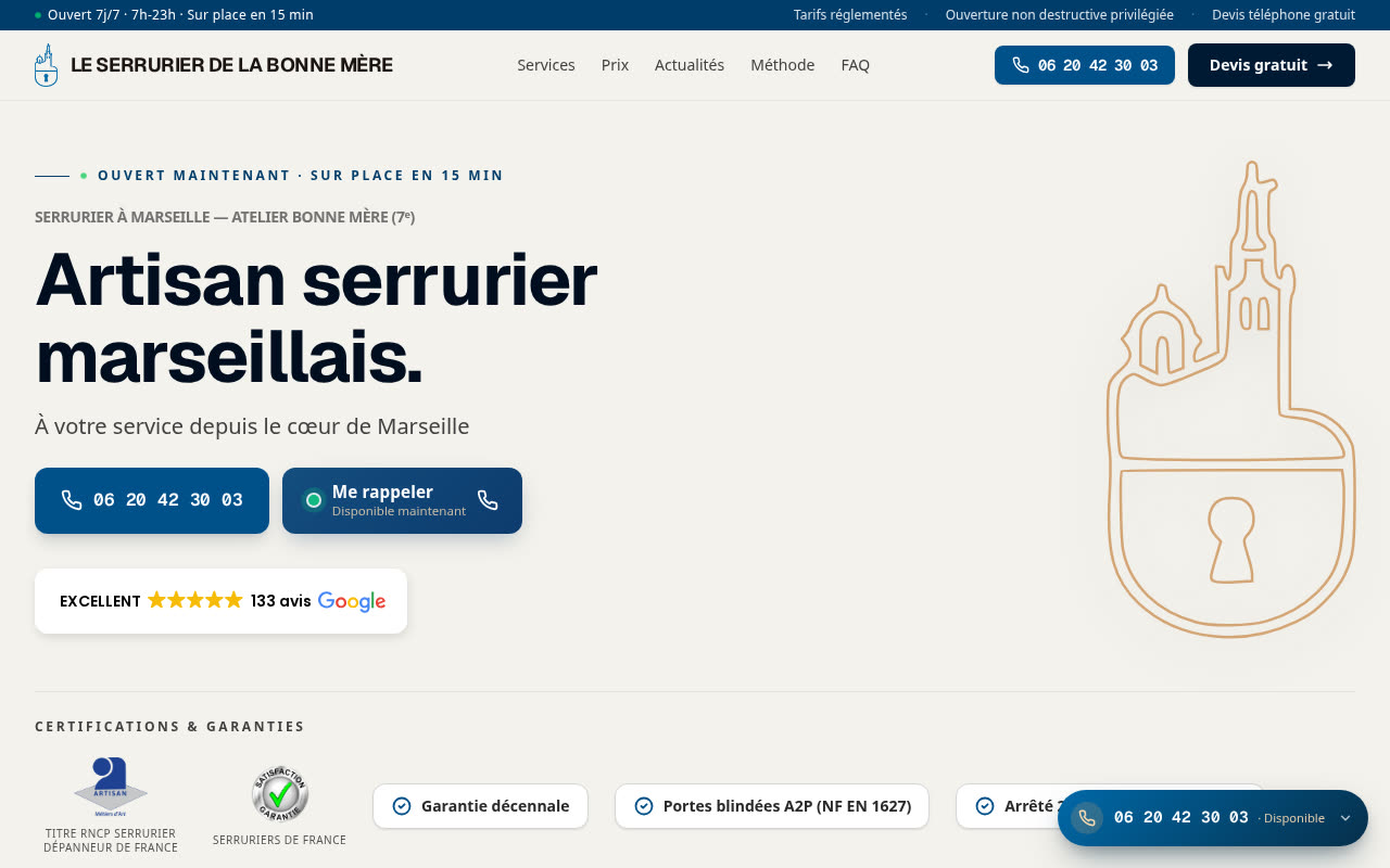 Page d'accueil du site de Le Serrurier de la Bonne Mère